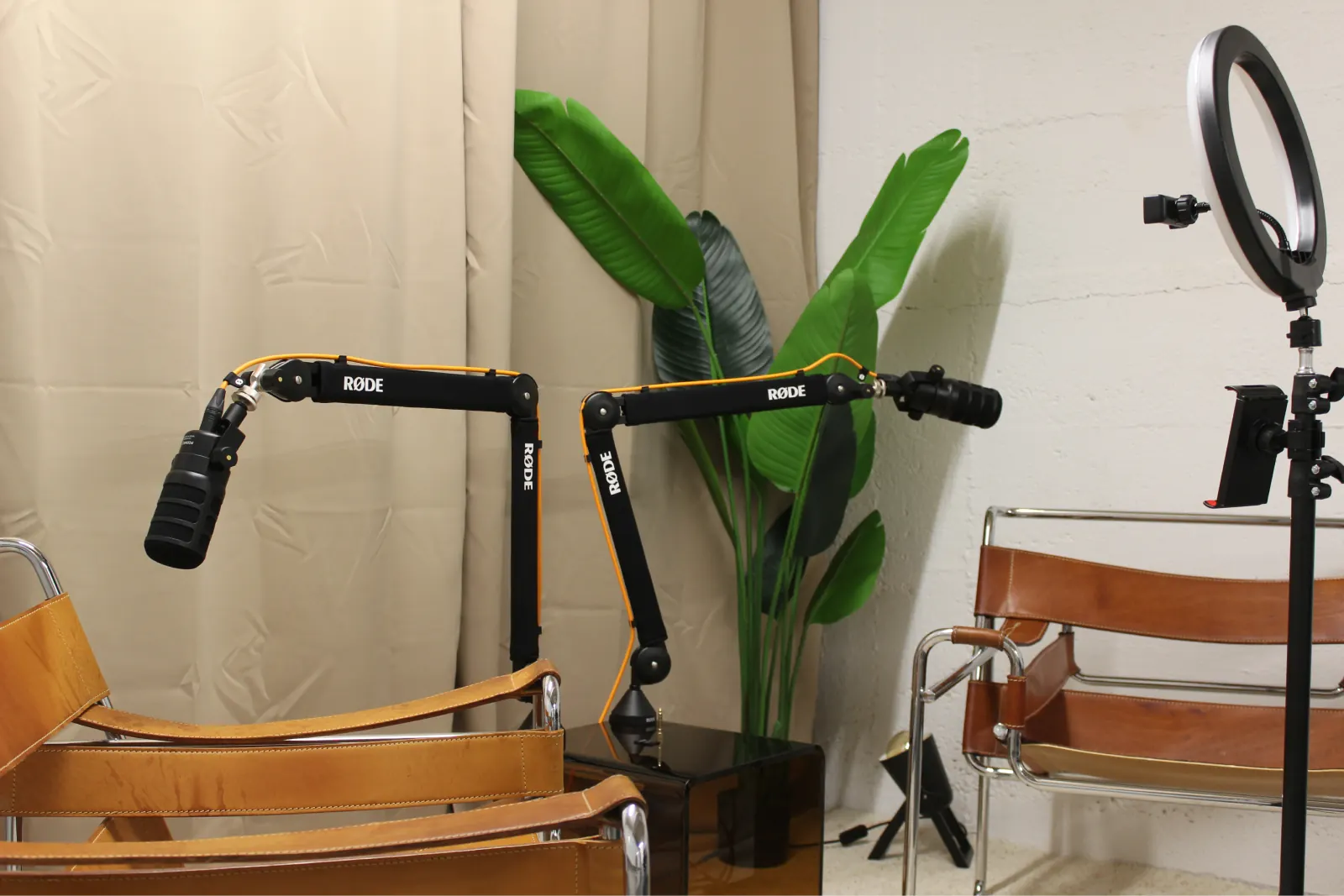 Podcast-Setup mit zwei Mikrofonen, Ledersesseln und Ringlicht